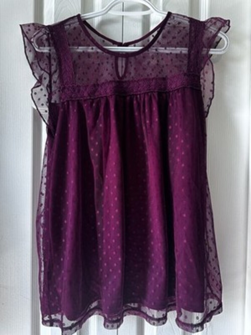 No Boundaries Burgundy Swiss Dot Sheer Mesh Babydoll Blouse XL #8